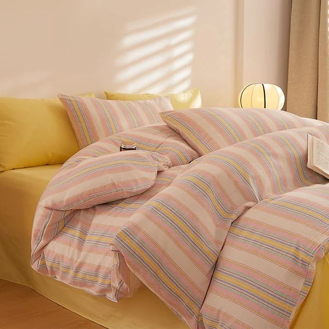 Next-Generation Pink and Yellow Striped Bed Comforter Full Size Fluffy Down Bedding Set Cute Cozy Washed Cotton Bedroom Bedding Comforter Sets Boho Chic Soft Comfy Bed Comforter with 2 Pillowcases High-Performance