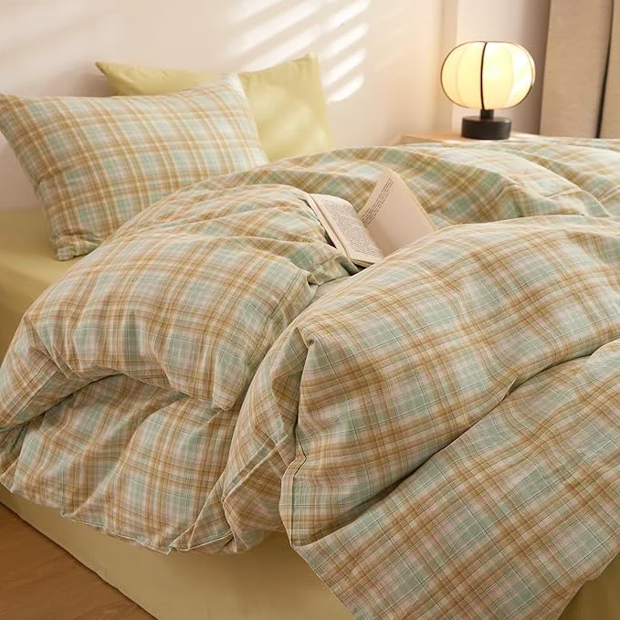 Healthy Plaid Comforter Full Down Boho Bedding Set Washed Cotton Breathable Fluffy Comfy Bedding Comforter Sets Soft Cozy Farmhouse Patterned Bed Comforter with 2 Pillowcases High-Performance