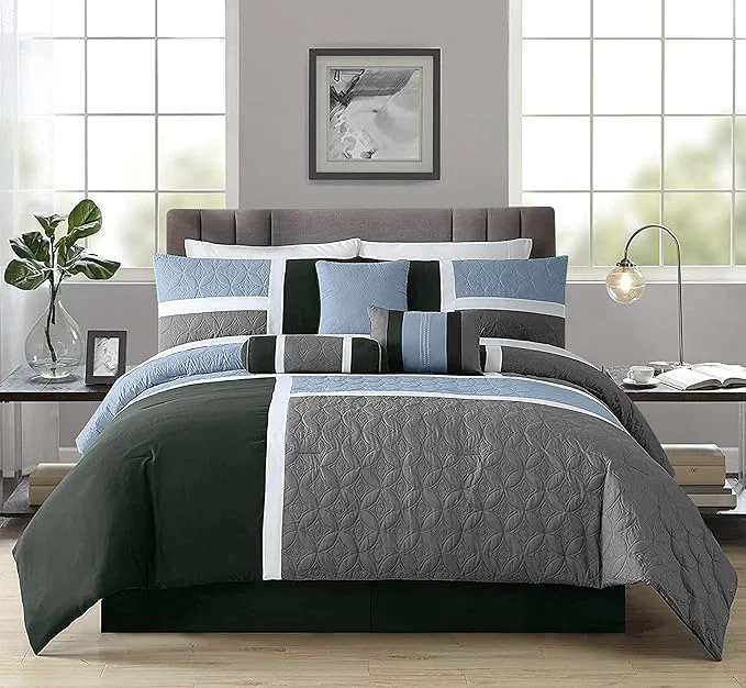 Luxury Chezmoi Collection Upland 7-Piece Quilted Patchwork Comforter Set Gray Light Blue Charcoal King Secure