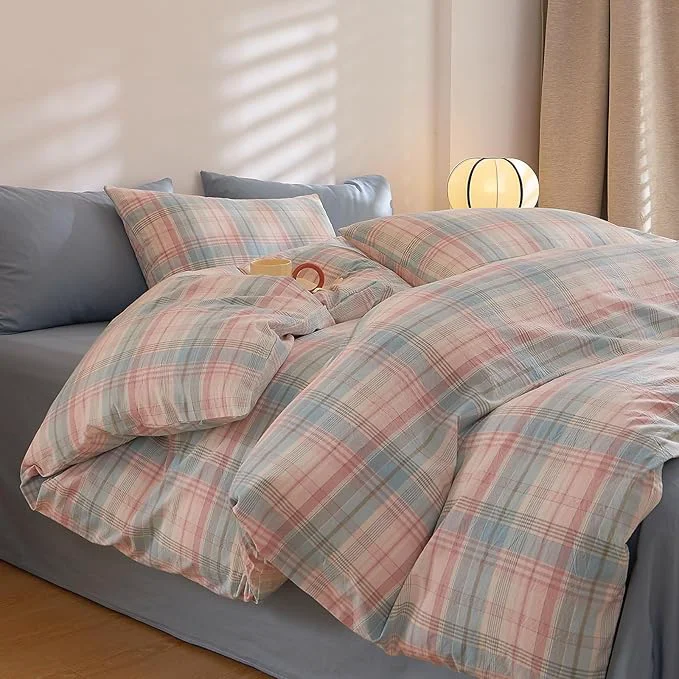 Fine Plaid King Bedroom Comforter Set Soft Washed Cotton Bedding Set Down Fluffy Boho Machine Washable Bedding Comforter Sets Cute Aesthetic Puffy Rustic Bed Comforter with 2 Pillowcases Trendy