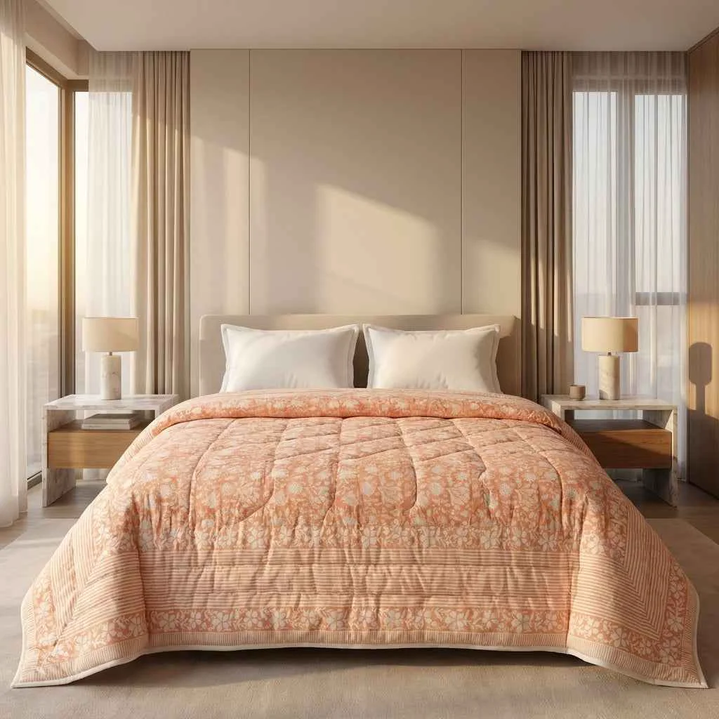 Recyclable Peach amp Cream Floral Jaipur Indian Hand Block Print Quilted Comforter Safe