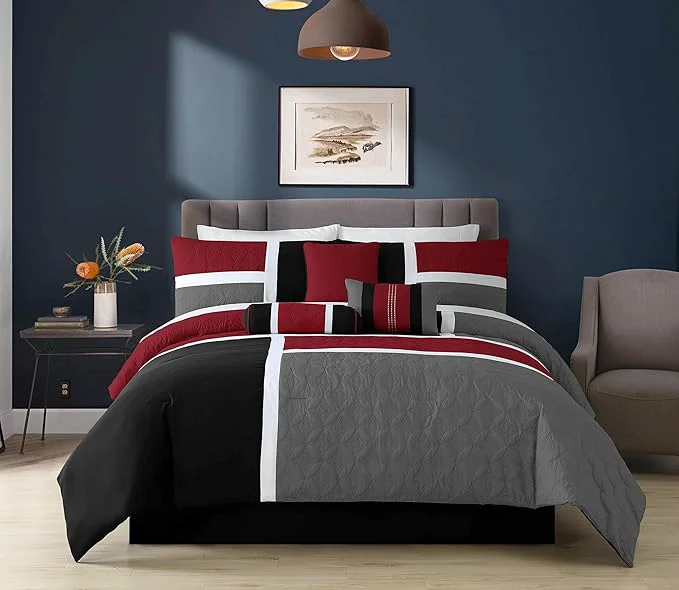Top-Quality Chezmoi Collection 7-Piece Quilted Patchwork Comforter Set Red Gray Black California King Fine