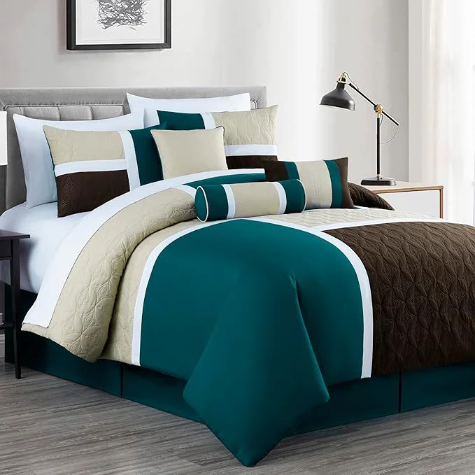 Eco-Friendly Chezmoi Collection Upland 7-Piece Quilted Patchwork Comforter Set Teal Beige Brown Oversized King Prestigious