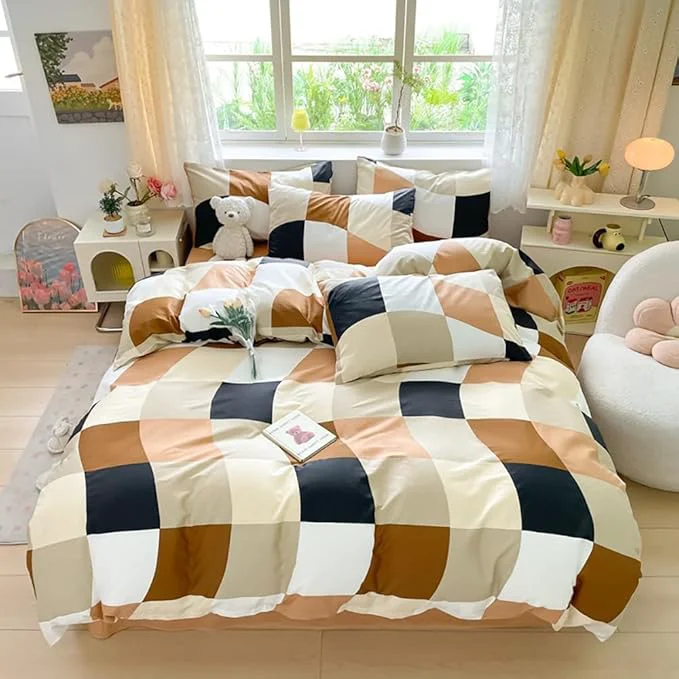 Prestigious Hosueri White Beige Black Brown Cream King Plaid Comforter Set Men Women Warm Comfy Modern Multicolor Beige Orange Grid Bed Quilts Soft 3 Piece Distorted Checks Mosaic Dorm Bedding Sets King Blankets Authentic