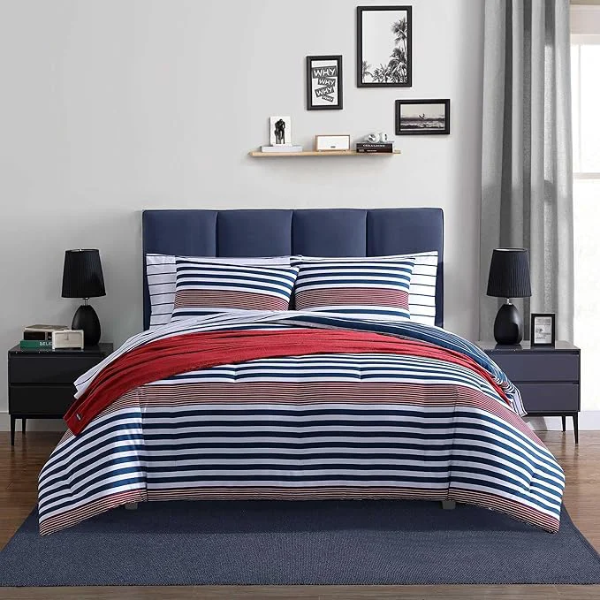 World-Class Nautica – Full Queen Comforter Set Ultra Soft Bedding with a Woven Textured Feel Medium Weight for Year Round Comfort 3 Piece Bed Set with Matching Pillowcases Kennedy Stripe Navy Next-Generation