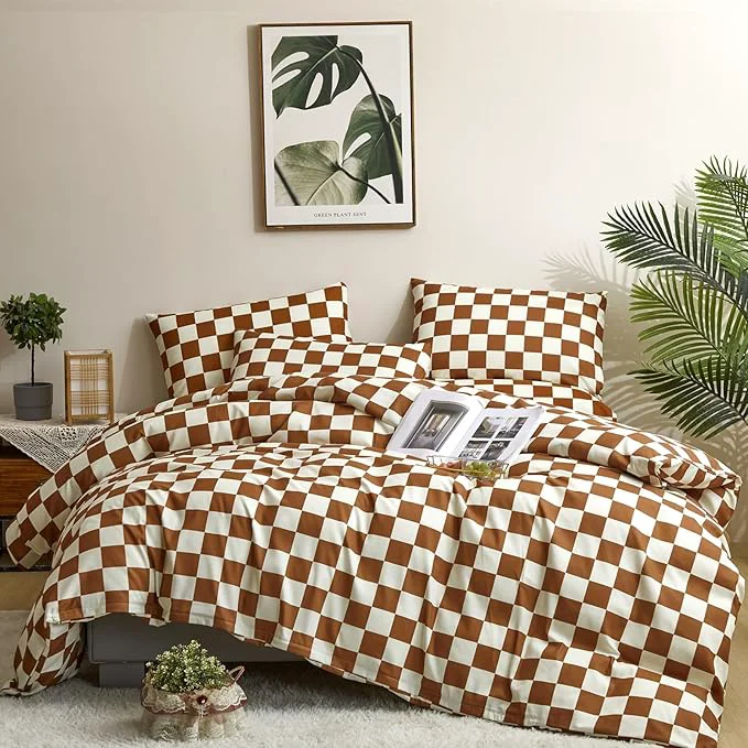 Recyclable Houseri Brown Plaid Comforter Set Twin Size White and Camel Grid Bedding Comforters Twin Boys Girls Kids Modern Pumpkin Checkerboard Dorm Bed Comforter Preppy Buffalo Checkered Twin Comforter Sets Efficient
