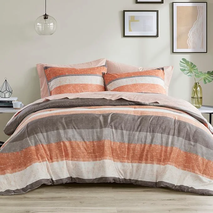 Secure Madison Park Essentials Jaxon Full Comforter Set Bed in A Bag Comforter amp Sheet Set Modern Casual Stripes Print All Seasons Soft Bedding Makeover Matching Sham Full Coral Grey 7 Piece Traditional