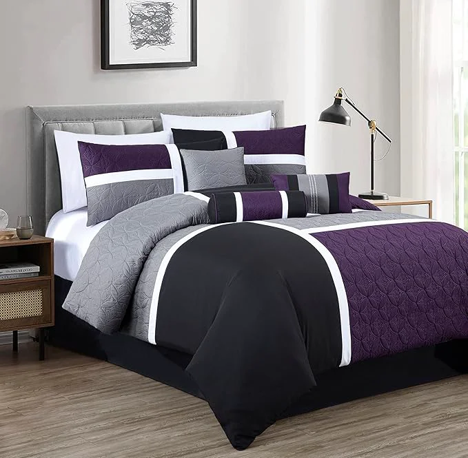 Fine Crafted Chezmoi Collection Upland 7-Piece Quilted Patchwork Comforter Set Purple Black Gray Full Exceptional