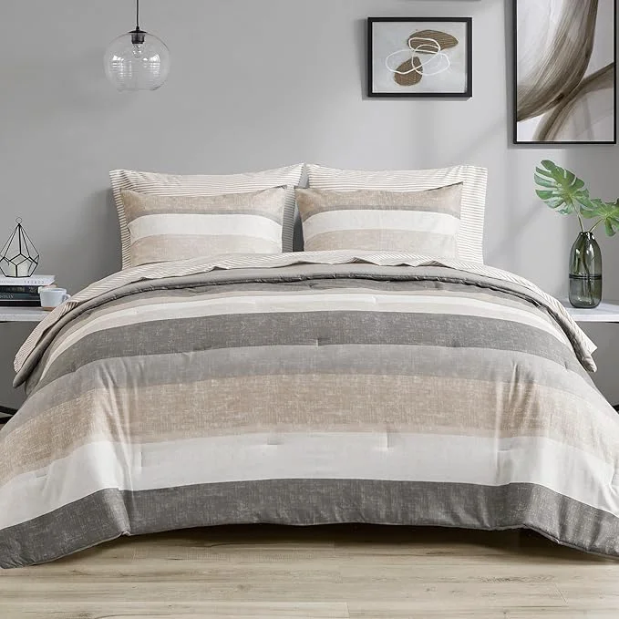 Flexible Madison Park Essentials King Comforter Set Bed in A Bag Comforter amp Sheet Set Modern Casual Stripes Print All Seasons Soft Microfiber Bedding Makeover Matching Shams King Taupe Grey 7 Piece Sustainable