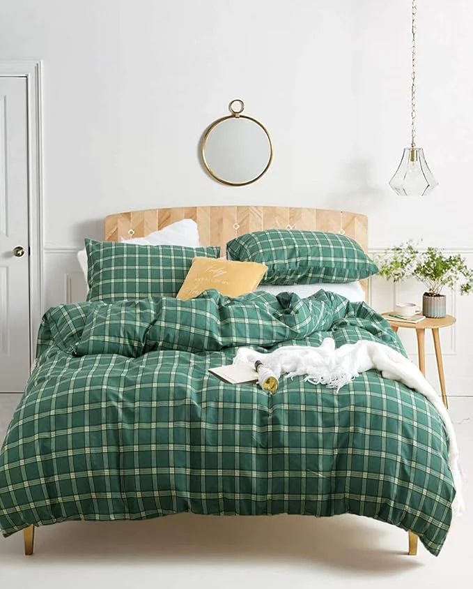 Casual Houseri Plaid Comforter Set King Size – Emerald Green Bedding Set with Buffalo Checkered Pattern – Dark Green Comforter and Blankets Unique