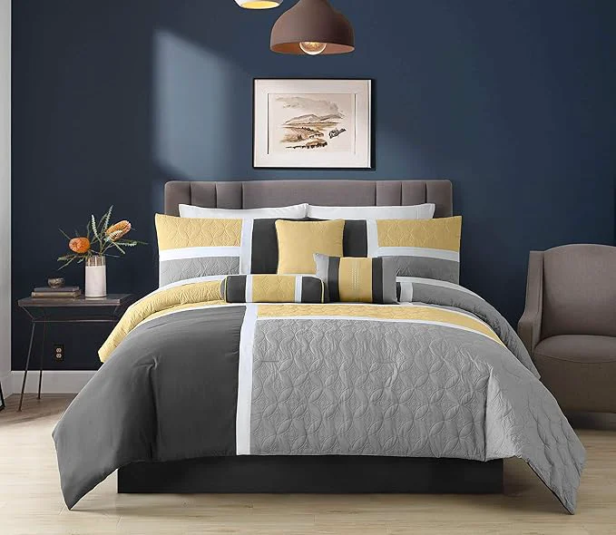User-Friendly Chezmoi Collection Upland 7-Piece Quilted Patchwork Comforter Set Yellow Charcoal Gray California King Solid