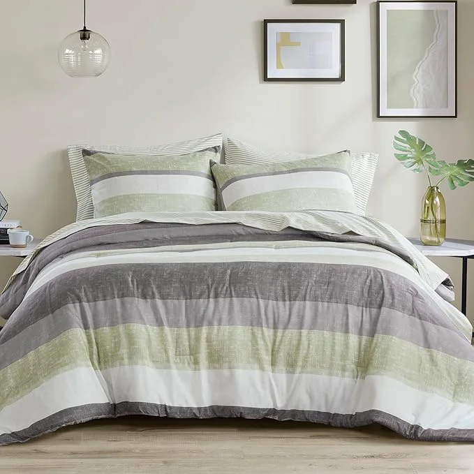 High-End Madison Park Essentials Jaxon King Comforter Set Bed in A Bag Comforter amp Sheet Set Modern Casual Stripes Print All Seasons Soft Bedding Makeover Matching Sham King Green Grey 7 Piece First-Class