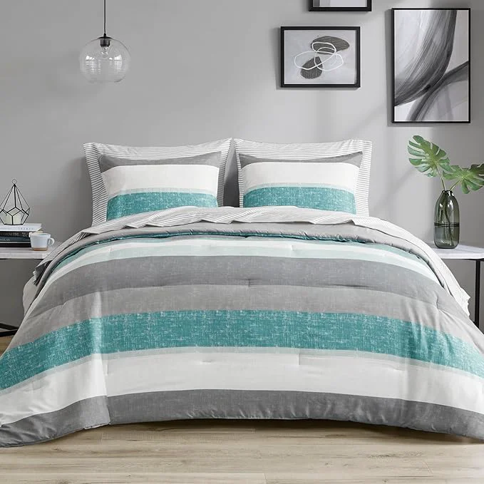 World-Class Madison Park Essentials King Comforter Set Bed in A Bag Comforter amp Sheet Set Modern Casual Stripes Print All Seasons Soft Microfiber Bedding Makeover Matching Shams King Aqua Grey 7 Piece Pure