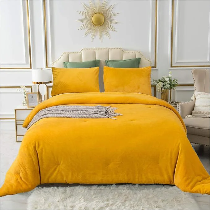 Contemporary Cottonight Mustard Yellow Velvet Comforter Set Queen Plush Flannel Fluffy Yellow Bedding Comforter Set Micromink Sherpa Warm Heavyweight Winter Comforter for Women Men Adults Teens High-Quality