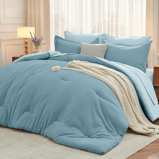Recyclable MUXHOMO 7 Pieces Queen Comforter Set Soft Bed in a Bag Queen Size All Season Bedding Set with Comforter Flat Sheet Fitted Sheet Pillowcases amp Shams Mineral Blue amp Light Blue Healthy