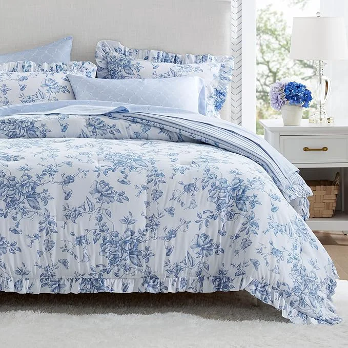 Functional Madison Park Essentials Adele Blue Floral Full Size Comforter Set – Vintage Bed in a Bag with Sheets Reversible Ruffle Bedding Elegant Gift for Her Responsible