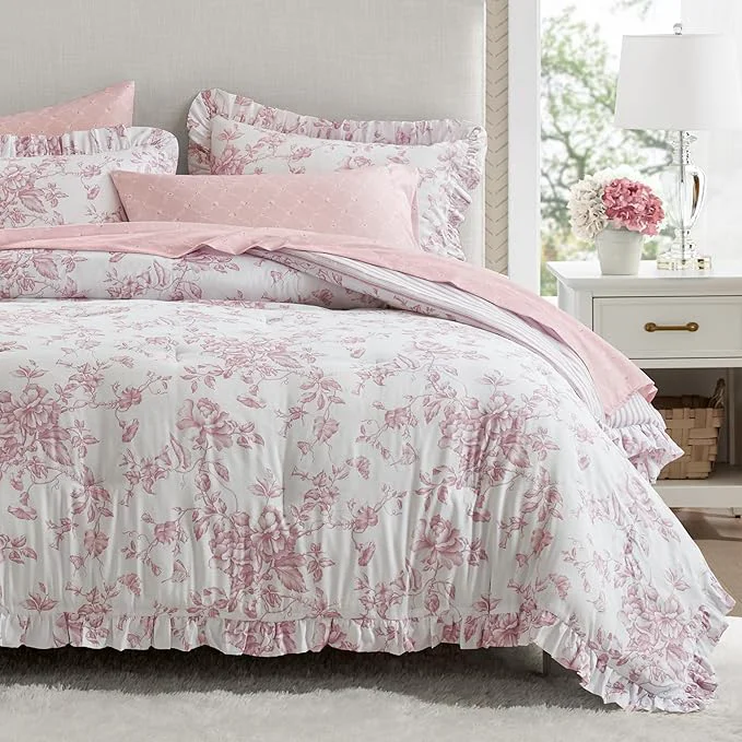 Top-Quality Madison Park Essentials Adele Pink Floral King Size Comforter Set – Vintage Bed in a Bag with Sheets Reversible Ruffle Bedding Elegant Gift for Her Enhanced