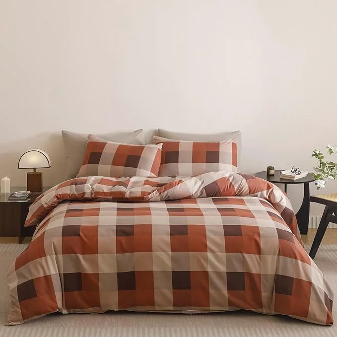 High-End Cottonight Checkered Red Comforter Set Twin Gingham Grid Bedding Set Red and Khaki Grid Comforter Fluffy Soft Bedding Set Kids Teens Twin Comforter with 2 Pillowcases Reusable