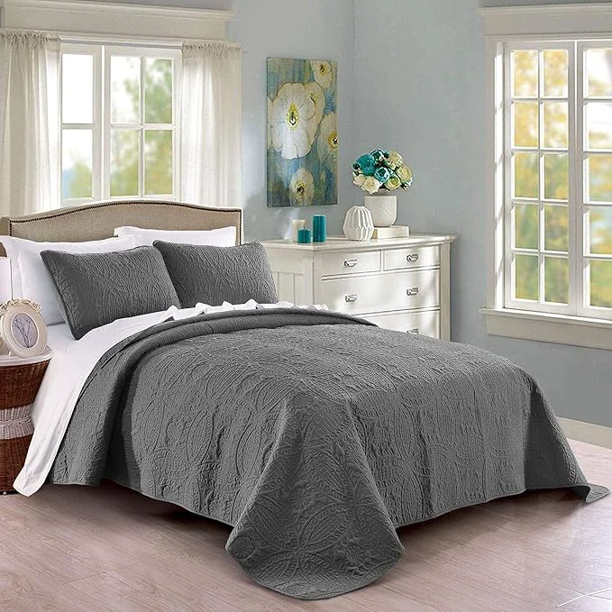 Dependable Pure Bedding Quilt Set Full Queen Size Dark Grey – Oversized Bedspread – Soft Microfiber Lightweight Coverlet for All Season – 3 Piece Includes 1 Quilt and 2 Shams Geometric Pattern Efficient