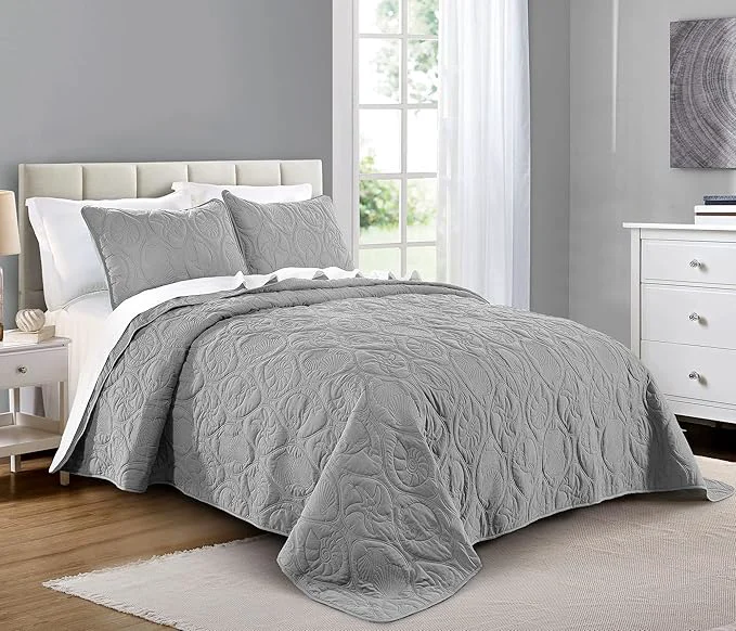Certified Pure Bedding Quilt Set Full Queen Size Light Grey – Oversized Bedspread Soft Microfiber Coverlet for All Season – Includes 1 Quilt and 2 Shams Ocean Star Pattern Outstanding