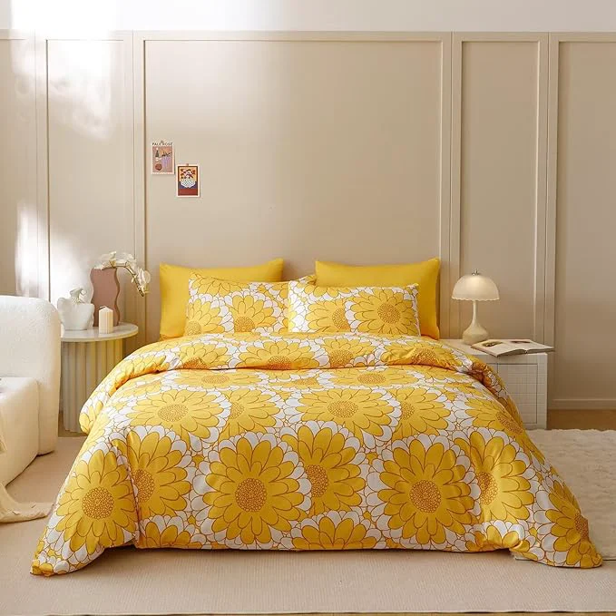 Trendy Houseri Yellow Floral Comforter Set Queen 3 Piece Yellow Sunflower Bedding Queen Size Lightweight Aesthetic White and Yellow Botanical Bed Set Soft Comfy Quilt Blanket Queen Relaxed