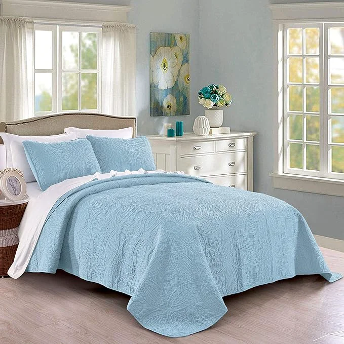 Exclusive Quilt Set King Cal King California King Size Sky Blue – Oversized Bedspread – Soft Microfiber Lightweight Coverlet for All Season – 3 Piece Includes 1 Quilt and 2 Shams Geometric Pattern Modern