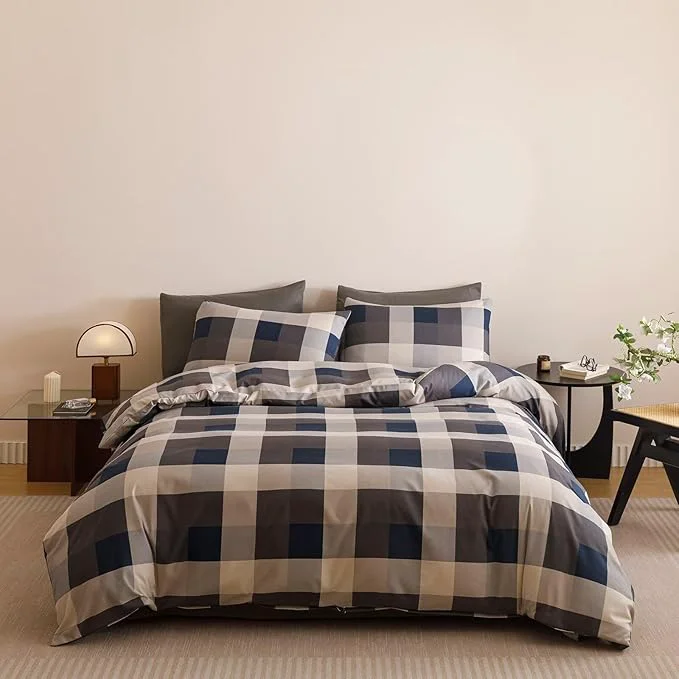 Refined Houseri Blue Plaid Comforter Set Queen Vintage Grid Bedding Sets Comfortable