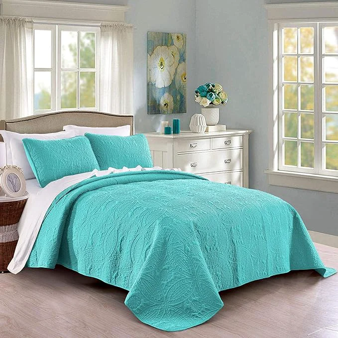 Professional Pure Bedding Quilt Set Full Queen Size Aqua – Oversized Bedspread – Soft Microfiber Lightweight Coverlet for All Season – 3 Piece Includes 1 Quilt and 2 Shams Geometric Pattern High-Grade