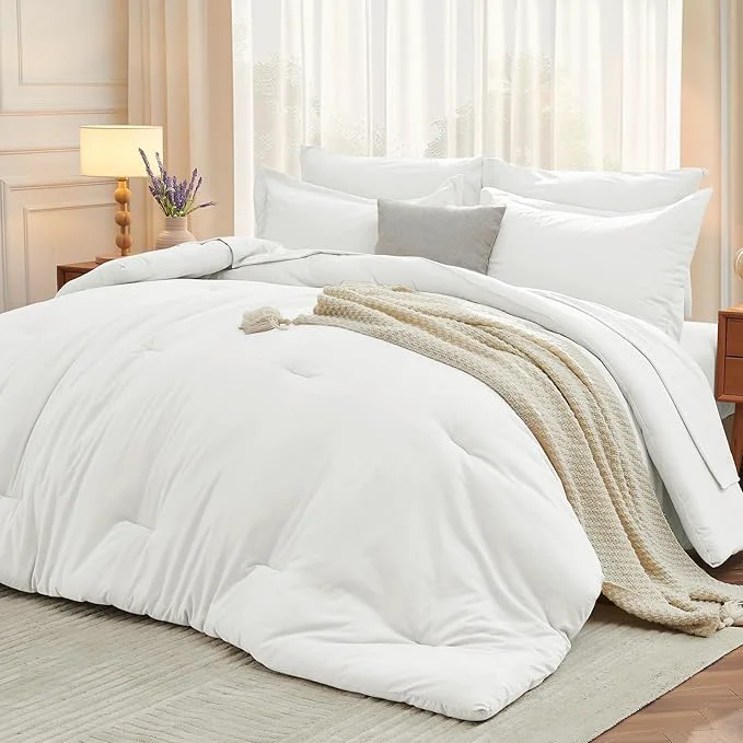 Modern MUXHOMO 7 Pieces California King Comforter Set Soft Bed in a Bag Cal King Size All Season Bedding Set with Comforter Flat Sheet Fitted Sheet Pillowcases amp Shams White Relaxed