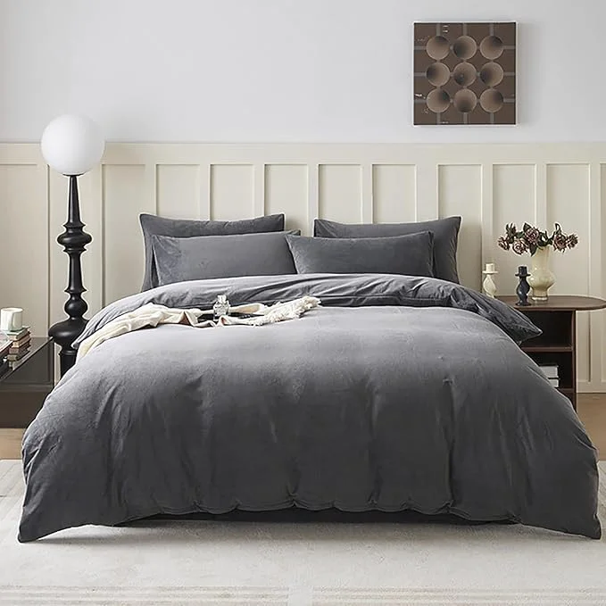 Selected Cottonight Grey Velvet Comforter Set King Plush Fluffy Gray Bedding Set Winter Warm Cozy Super Soft Heavyweight Flannel Comforter Set with 2 Pillowcases Soft Comfy for Women Men Adults Casual