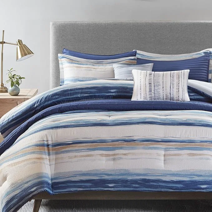 Detailed Madison Park Marina Comforter Quilt Combo Set – Modern Luxury Design All Season Down Bedding Matching Shams Decorative Pillows King Cal King 104 quot x92 quot Seersucker Blue 8 Piece Breathable