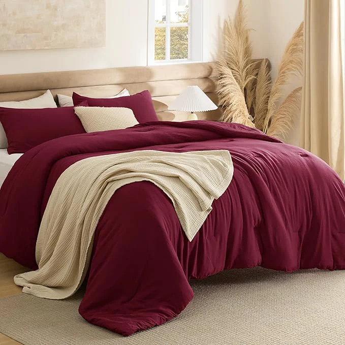 High-Performance Bedsure California King Comforter Set Dark Red Soft Prewashed Bedding for All Seasons 3 Pieces GentleSoft™ Bed Set 1 Lightweight Comforter 104 quot x96 quot and 2 Pillowcases 20 quot x36 quot Long-Lasting