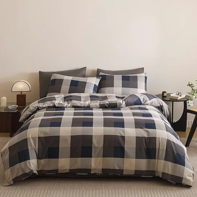 Smart Cottonight Checkered Navy Comforter Set Cal King Gingham Grid Bedding Set Navy and Khaki Grid Comforter Fluffy Soft Blanket Quilts Modern Cottagecore Comforter California King Bed Selected