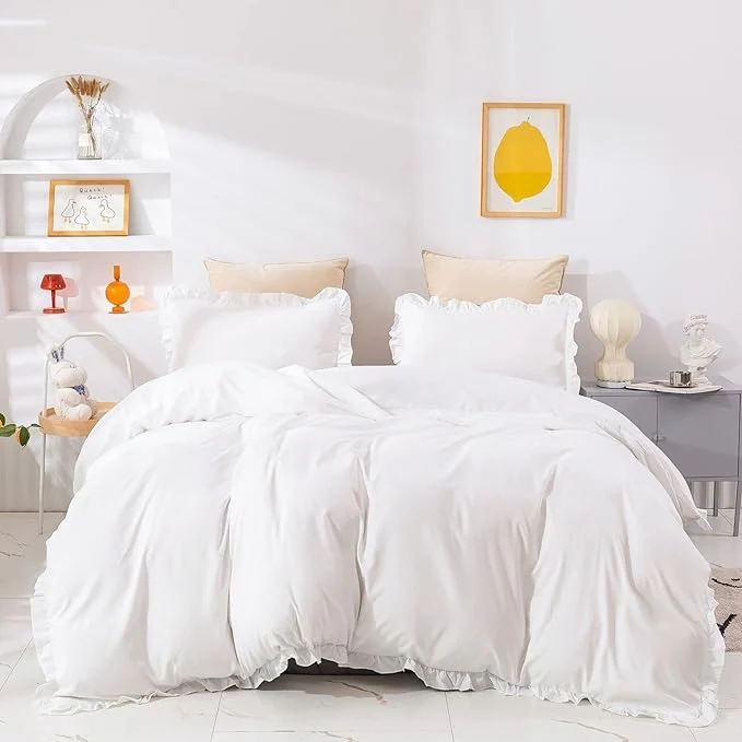 Certified Cottonight White Comforter Set Full Ruffles White Bedding Set Farmhouser Boho Blanket Quilt Plain Vintage Friange Soft Breathable Comforter Set Functional