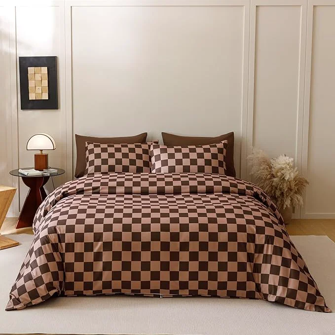 Refined Houseri Brown Plaid Comforter Set Twin Chocolate Coffee Color Chessboard Bedding Sets Mocha Buffalo Checkered Bed Quilt Blanket Twin Natural