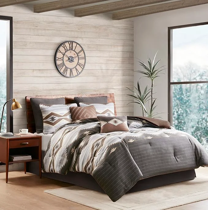 Optimized Woolrich Rustic Lodge Cabin Comforter Set – All Season Down Warm Bedding Layer and Matching Shams Oversized King Bitter Creek Grey Brown Fast