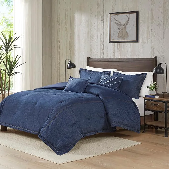 Artisan Woolrich Rustic Lodge Cabin Comforter Set – All Season Down Warm Bedding Layer and Matching Shams Oversized Twin Perry Denim Blue High-Grade