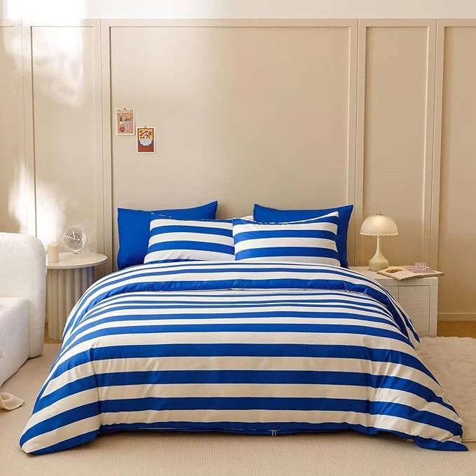 Elite Houseri White and Blue Comforter Set Twin 3 Piece Blue Striped Bedding Twin Size Lightweight Classic Blue Stripes Bed Set Soft Comfy Quilt Blanket Twin High-Grade