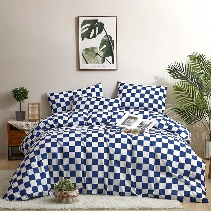 High-End Houseri Royal Blue White Plaid Comforter Set Twin Size Boys Girls Bright Blue Grid Bedding Comforters Kids Deep Ocean Blue Checkerboard Bedding Sets Twin Dark Blue Checkered Gingham Comforter Set Twin Sophisticated