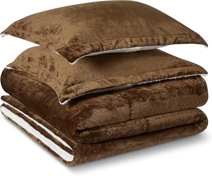 Certified Amazon Basics Reversible Sherpa Comforter Set with Pillow Sham Brown Queen Full High-Performance