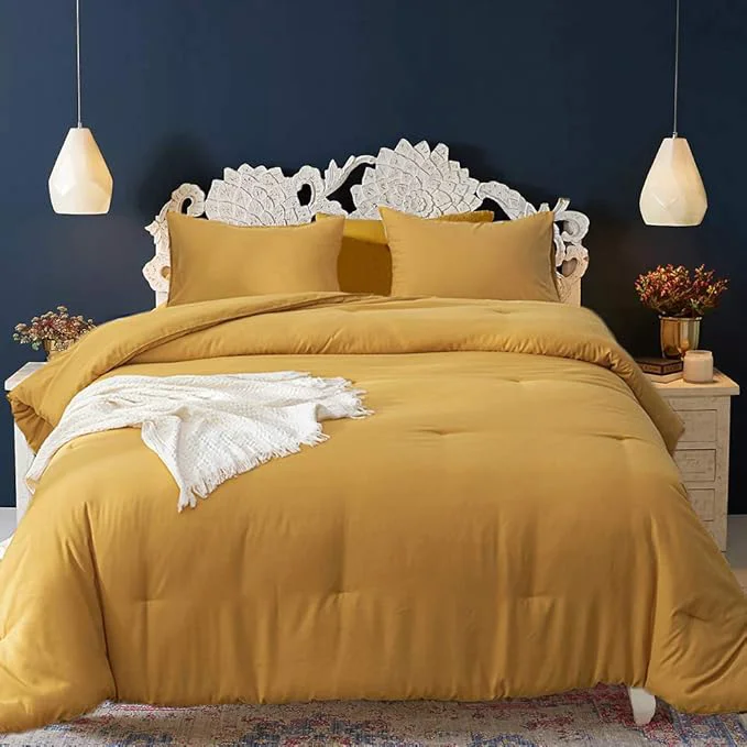 Verified Cottonight Mustard Yellow Comforter Sets Queen Dark Yellow Comforter Full Lightweight Cozy Mustard Bedding Comforter Sets Ginger Yellow Blanket Quilts Soft Comfy for Women Men Adults Teens Contemporary