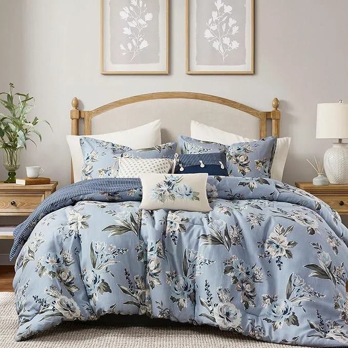 Modern Madison Park Queen Comforter Set Vintage Floral Reversible Comforters Queen Size Bed All Season Down Bedding Queen Size Comforter Bedskirt Pillows Shams Salara Queen Blue 7 Piece Soft