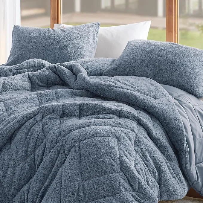 Professional Comfort Spaces King Comforter Set Reversible Feather-Soft Plush Comforters for King Size Bed All Season Lightweight Shearling Fleece Sherpa Comforter King Size Bed Set King Cal King Blue 3 Piece Certified