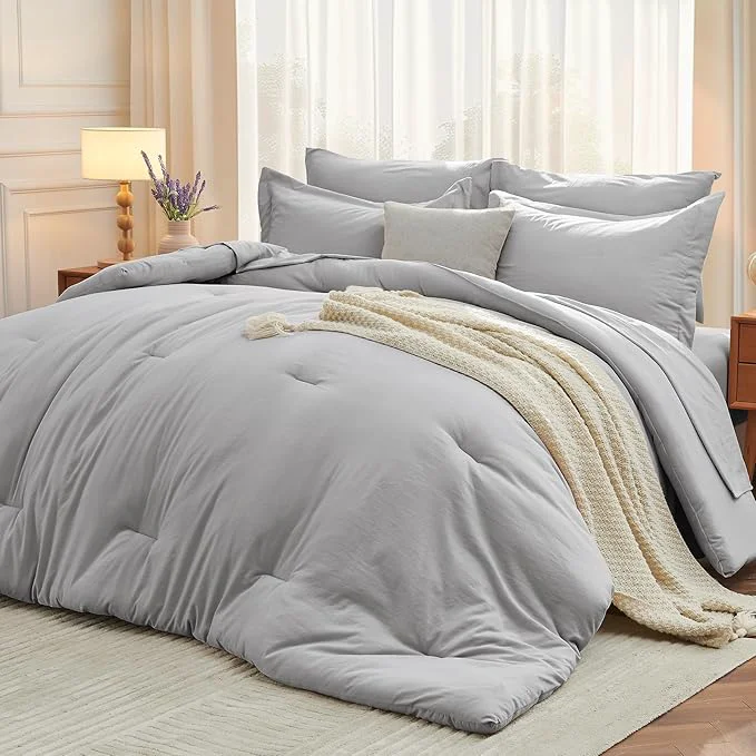 Enhanced MUXHOMO 5 Pieces Twin XL Comforter Set Soft Bed in a Bag Twin XL Size All Season Bedding Set with Comforter Flat Sheet Fitted Sheet Pillowcases amp Shams Light Grey Long-Lasting