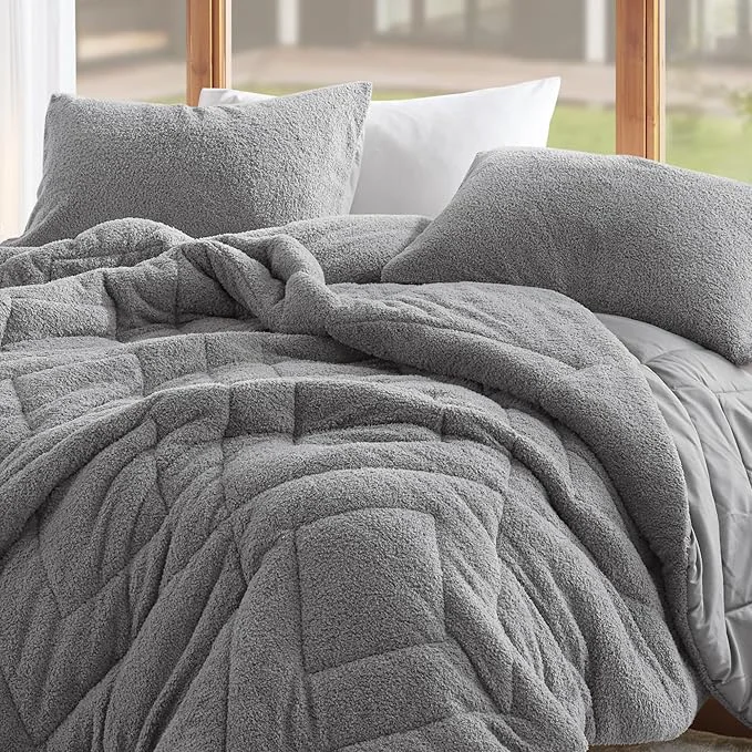 Quality Comfort Spaces King Comforter Set Reversible Feather-Soft Plush Comforters for King Size Bed All Season Lightweight Shearling Fleece Sherpa Comforter King Size Bed Set King Cal King Grey 3 Piece High-Performance
