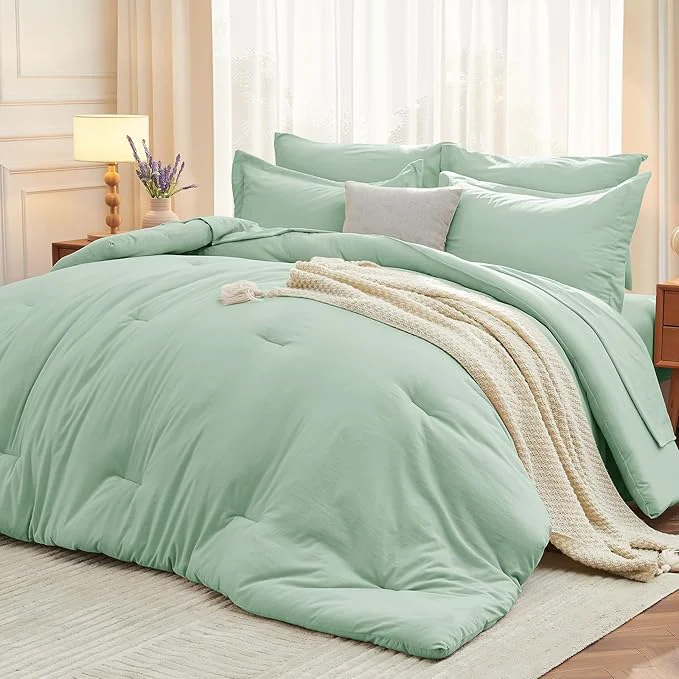 Innovative MUXHOMO 7 Pieces California King Comforter Set Soft Bed in a Bag Cal King Size All Season Bedding Set with Comforter Flat Sheet Fitted Sheet Pillowcases amp Shams Sage Green Elegant
