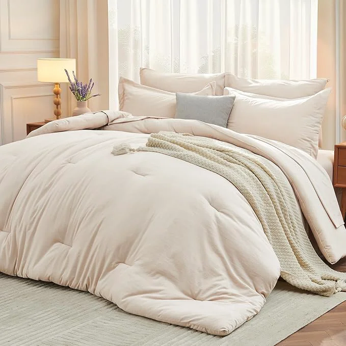 Clean MUXHOMO 7 Pieces California King Comforter Set Soft Bed in a Bag Cal King Size All Season Bedding Set with Comforter Flat Sheet Fitted Sheet Pillowcases amp Shams Beige Authentic