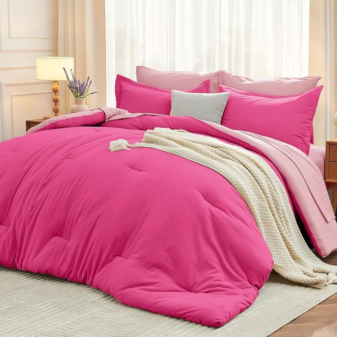 Artisan MUXHOMO 7 Pieces King Comforter Set Soft Bed in a Bag King Size All Season Bedding Set with Comforter Flat Sheet Fitted Sheet Pillowcases amp Shams Hot Pink amp Baby Pink Reusable
