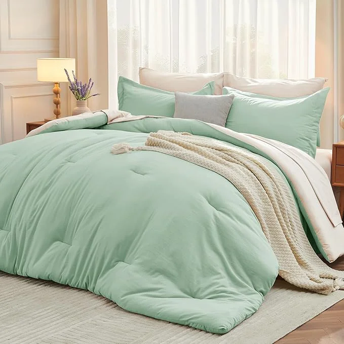Original Design MUXHOMO 7 Pieces Full Comforter Set Soft Bed in a Bag Full Size All Season Bedding Set with Comforter Flat Sheet Fitted Sheet Pillowcases amp Shams Sage Green amp Beige Safe