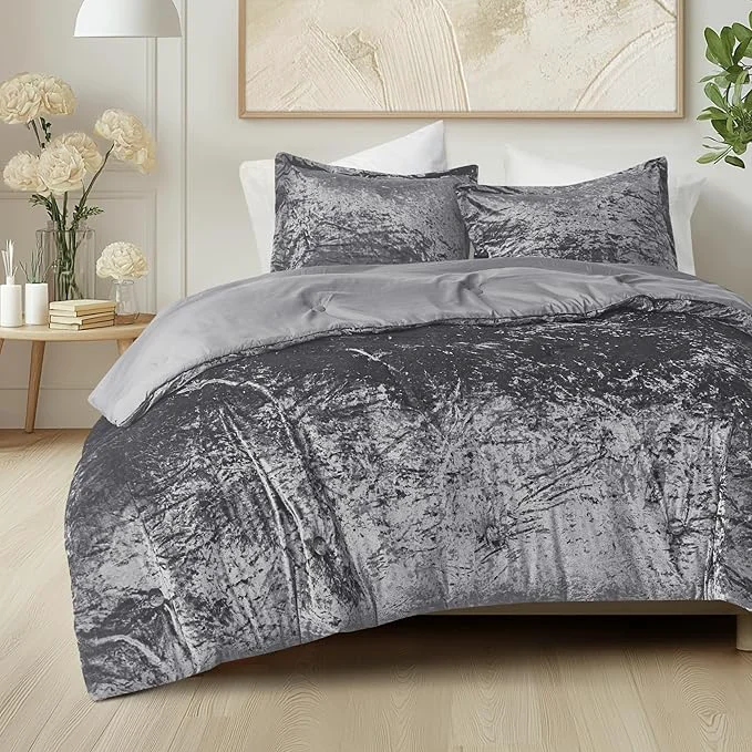 Relaxed Comfort Spaces Juliette Luxe Comforter Set Velvet Lush with Soft Brushed Microfiber Reverse All Season Cozy Velvet Bedding Sets Fluffy Comforter Bed Set Matching Sham Grey Full Queen 3 Piece Specialty